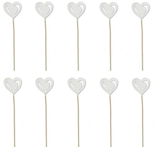 DARO DEKO Holz Blumen-Stecker Herz weiß 10 Stück 7 x 35cm Dekostecker Blumenstab Herzstab Holzstecker
