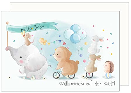 Edition Seidel Premium Glückwunschkarte zur Geburt mit Umschlag. Karte Babykarte Ereigniskarte Grusskarte Hallo Baby Tiere Ereignis Junge Mädchen (E272 SW023)