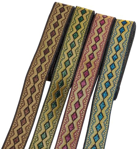 FINGERINSPIRE 14 m 4 Farben Jacquardband Borte Vintage Bestickte Polyesterbänder Mit Wellen Und Rautenmuster 20 mm Breites Geometrisch Gewebtes Band Nähband Für DIY Craft Home Decor