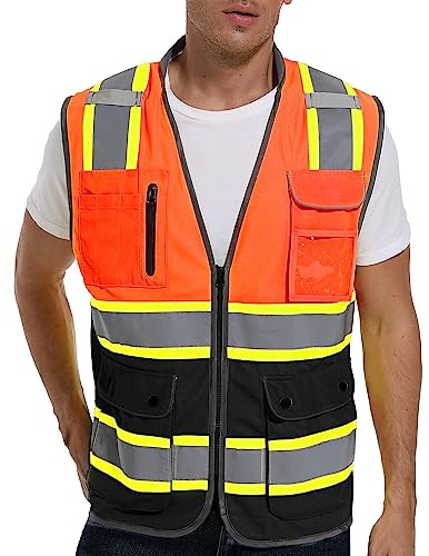 ArcRidge Reflective Safety Vest for Men and Women - Class 2 High Visibility Construction Vest - Dual Tone Reflective Strips (Orange-Black, Medium)