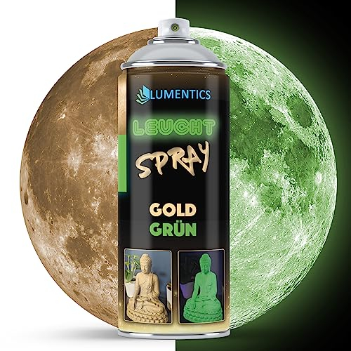 LUMENTICS Leuchtendes Farbspray Gold - Sprayfarbe mit Nachleuchteffekt - Leuchtet im Dunkeln grün - Aus Deutschland - 400 ml Sprühfarbe mit Zusatz-Cap
