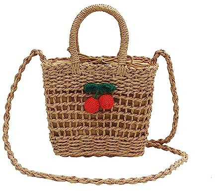 NICOLE & DORIS Straw Handbags Crossbody Bags for Women Summer Beach Bag Mini Rattan Bag Girls Messenger Bag Phone Bags Cute Clutch Bag Bucket Bag Brown+Cherry