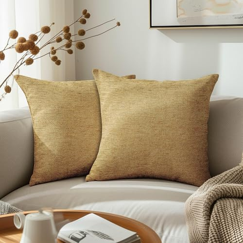 Encasa XO Feine Chenille-Kissenbezüge 2-teiliges Set - Gold - 40x40 cm Strukturiertes, einfarbiges, weiches und glattes dekoratives Kissen mit quadratischem Akzent für die Couch