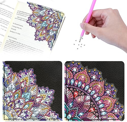 MWOOT 2 Stück 5D Diamond Art Painting Corner Lesezeichen, Mandala Blumen DIY Diamant Malerei Leder Bookmark Set, Kreatives Kunstzeichnung Lesezeichen Basteln Mitgebsel für Freunds Mädchen Women Adult