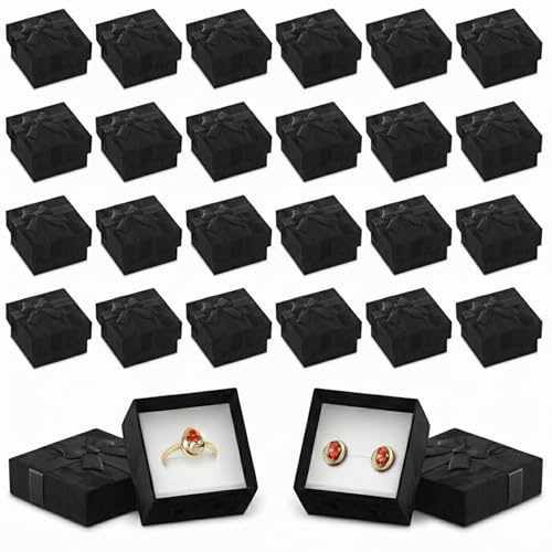 Tesorrio Lot de 24 boîtes à bijoux noires en vrac – Ensemble de petites boîtes à bijoux au design élégant pour cadeau avec nœud en ruban et mousse souple – Jolies boîtes à boucles d'oreilles en carton