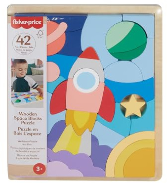 Fisher-Price-leksak, rymdpussel i trä med stapelbara klossar, 42 träbitar för sorteringslek, för barn från 3år, HXY42