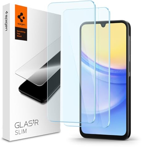 Spigen Schutzfolie [2P] für Samsung Galaxy A15 / A15 5G / A25 5G | Gehärtetes Glas, Kristallklar, Kratzfest, Hochauflösend, Hüllenfreundlich, 9H Härte Folie