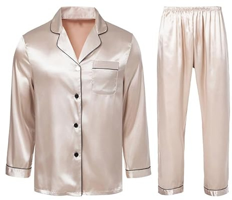 Ensemble de pyjama en satin de soie boutonnée à manches longues pour femme, champagne, 4XL grande taille