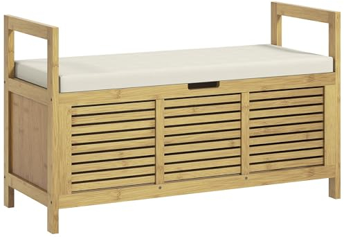 HOMCOM Schuhbank mit Sitzfläche, Bambus, Sitzbank mit Stauraum, Garderobenbank, Aufbewahrungsbank für Wohnzimmer, Flur, 100 x 40 x 60 cm, Natur
