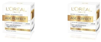 L'Oréal Paris - Crème de Jour Anti-Âge Ré-Hydratante & Raffermissante - Anti-Relâchement, Anti-Taches & Anti-Rides - Au Collagène - Pour Peaux Matures - Age Perfect - 50 mL (Lot de 2)