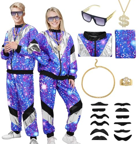 HarnyLoom 80er Jahre Outfit Damen Herren 80er 90er Kostüm Trainingsanzug Jacke Hose Party Accessoires Retro Anzug Karneval Kostüm Herren für Faschingskostüm Karneval (Blau, 2XL)