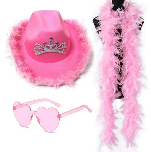 Lpitoy Rosa Feder-cowboyhut Für Damen, Cowgirl-Hut Mit Federboa Und Herzförmiger Brille, Breiter Krempe, Cowgirl-Hut Für Verkleidungsparty, Halloween