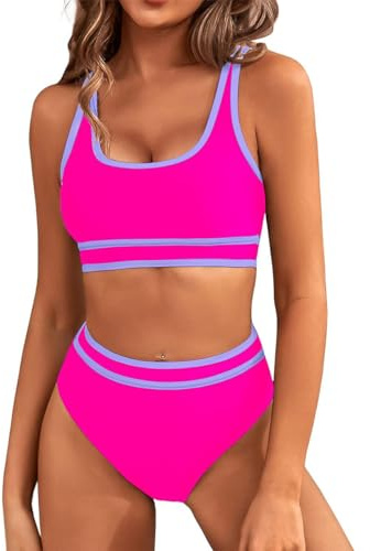 GRMLRPT Costume Piscina Donna Stile Sportivo Bikini Due Pezzi Con Scollo a U Regolabile Top Triangolo Vita Bassa (Rosa, S)