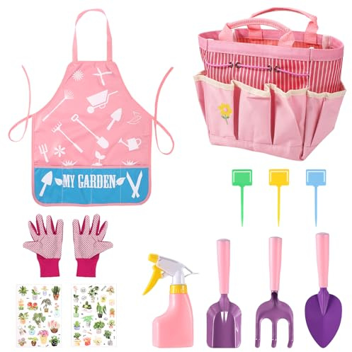 lasuroa 12 Pezzi di Set di Attrezzi da Giardinaggio, Kit da Giardinaggio per Bambini con Forche, Pale, Rastrelli, Borse, Bottiglie, Guanti, Bavaglini, Attrezzi da Spiaggia per Bambini (Rosa)