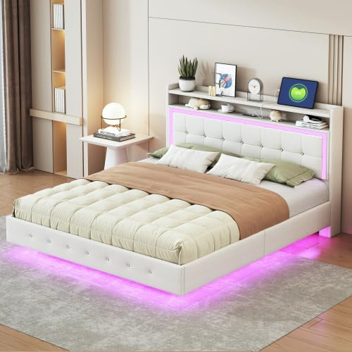 Kayan Polsterbett 160x200 mit LED und USB, Doppelbett mit Lattenrost, Polster Kopfteil mit Regal, Jugendbett Stauraumbett Bettgestell, Leinen Beige, ohne Matratze