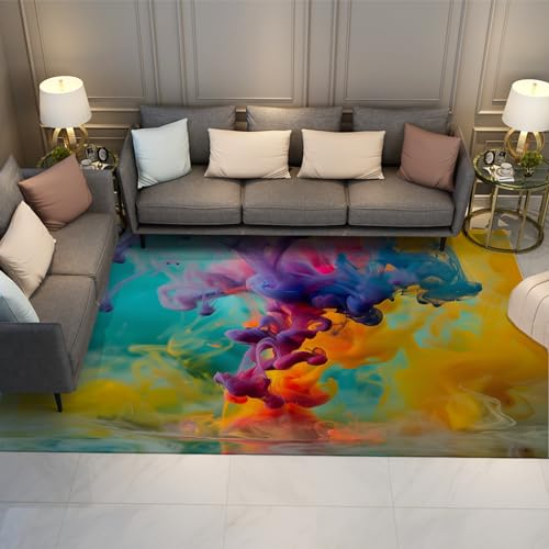 LANDERSION Moderner Aquarell-Flächenteppich rutschfeste Bunte Unschärfe Große Teppiche Waschbare Teppiche für Wohnzimmer Weicher Pigmentteppich für Esszimmer 160x200cm