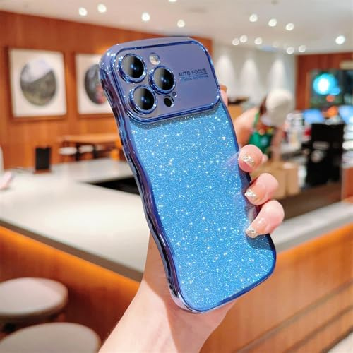 HUUMAGIC Custodia per telefono con bordo ondulato, copriobiettivo per finestra grande, per iPhone 15 14 13 12 11 Pro Max 14 15 Plus, custodia super glitterata, blu, per iPhone 15