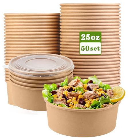 ZILAMGOO Paquete de 50 cuencos de papel kraft con tapa transparente, cuencos desechables de 25 onzas, aptos para microondas, congelador, preparación de comidas para llevar, recipientes para fiestas,