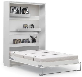 PHANTOM Vertical Murphy Bed with Desk - Folding Bed, Space-Saving Multifunctional Fold Up Bed with 140 cm Mattress, Smooth Gas Struts, Laminated Finish in White Gloss Color