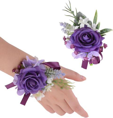 URROMA Ansteckblume für Handgelenk, 2 Stück, dunkelviolett, künstliche Ansteckblumen, Armband, Herren, Ansteckblume für Abschlussfeier, Abschlussball, Brautschmuck, Hochzeit, Party