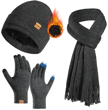 AYPOW Set Cappello Sciarpa Guanti Donna Invernali Donna Berretto in Maglia Con Caldo Foderato In Pile Touch Screen Guanti Termiche Sciarpe Lunghe Invernale Moda Accessori Esterno Regalo per Donna