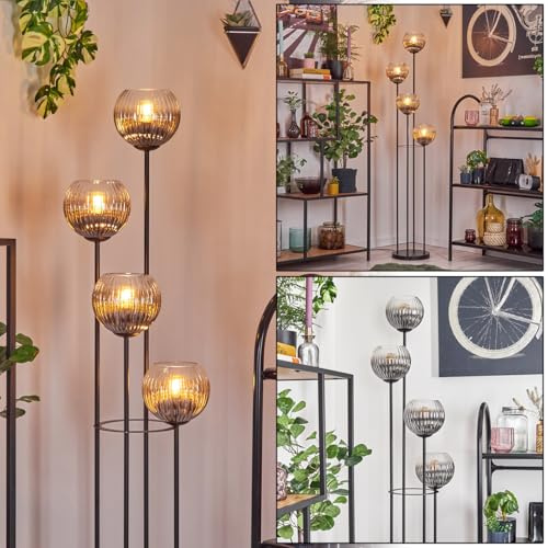 HOFSTEIN Stehleuchte Koyoto, Stehlampe aus Metall/Riffelglas in Schwarz/Rauch/Klar, moderne Leuchte im Retro/Vintage-Design (Ø 15 cm), Fußschalter, 147 cm, E14, Wohnzimmer, Schlafzimmer, Flur, Büro