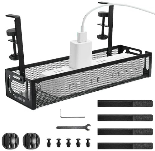 KYYGKY Under Desk Cable Management Tray Mesh Table Cable Basket Box No Drill Cables Tray for Desks Tidy, Desk Cables Wire Organiser Metal Cord Organizer with Clamps for Managing Wires and Power Strips