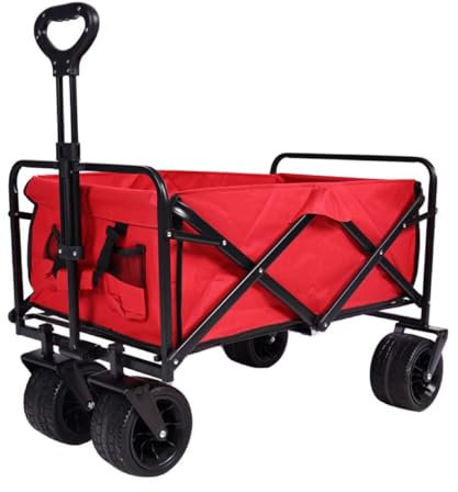All-Terrain Festival-Trolley mit 100 l Fassungsvermögen, robust, zusammenklappbar, für Outdoor, Camping, Strand, Garten, Picknick, roter Transportwagen mit großen Rädern und 2 Taschen