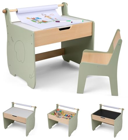 COSTWAY Mesa y Silla Infantil 3 en 1, Mesa Infantil con Silla de Madera con Pizarra de Doble Cara, Soporte para Rollo de Papel, Pupitre para Niños con Espacio de Almacenamiento para Dibujar (Verde)
