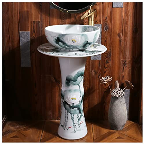 GLJTUO Pedestal Sink Handcrafted Ceramic wash Basin Pedestal washbasin Kaolin Clay Round Freestanding Sink with Drain & Faucet for Indoor and Outdoor,G, (P Without mirror)