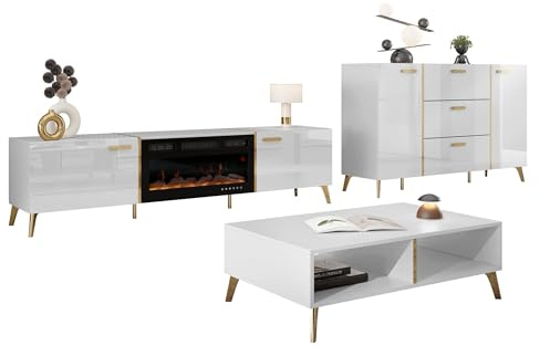 Mirjan24 Wohnzimmer-Set Picru I, Anbauwand, Wohnzimmerschrank, Schrankwand, im Set: Kommode, TV Lowboard mit Elektrischem Kamin, Couchtisch (Weiß/Weiß Hochglanz + Gold)