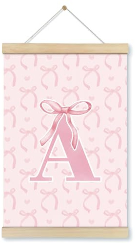Locomiss Coquette Pink Bow Preppy Girly Wall Art With Wooden Poster Hanger Frame, Pink Preppy Initial A Room Decor, Coquette Trendy Wall Decor Poster for Girls Room Bedroom Dorm, 12x16 Inch