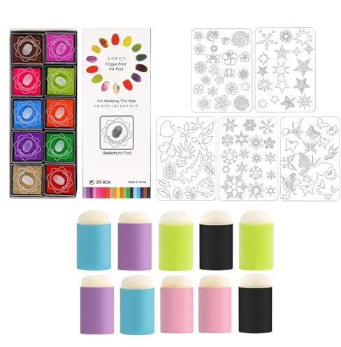 Finger Sponge Paint Kit, Finger Brush Kit - Finger Paint Set with Sponge and Stencils - Paint Kit with 20 Colors Ink Pad, Drawing Tool