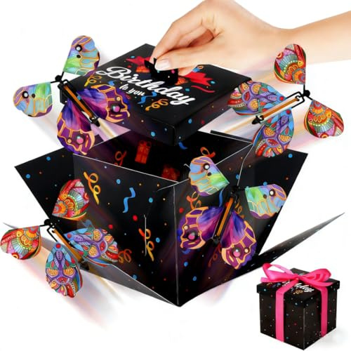 Halinuia Caja de regalo de cumpleaños con mariposas y mariposas voladoras, caja sorpresa cumpleaños con tarjeta de felicitación y lazo para amigos y familia, 12,5 x 12,5 x 12,5 cm