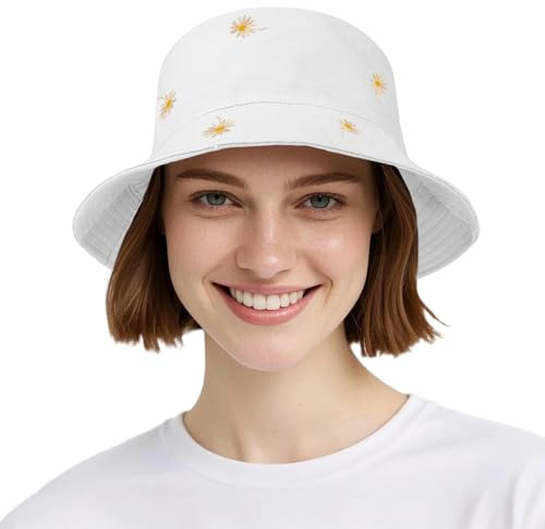 AYPOW Donna Cotone Reversibile Cappello da Pescatore Secchio Pieghevole Cappello da Sole, Moda Leggero UV Protezione Estivo Bucket Hat, Daisy Cappelli Pesca all'Aperto per Viaggi Spiaggia Campeggio
