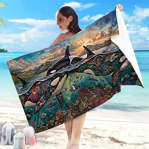 Telo Mare Grande 90x180mm Colore Telo Mare Microfibra Ultra Assorbente Antisabbia Asciugatura Rapida Uomo e Donna Stuoia Spiaggia Leggero e Portatile per Piscina Viaggi Scialle Orca Assassina 2-R