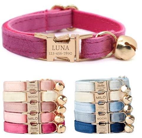 CHRYMPETIC Nicht Abnehmbares Samt Katzenhalsband Personalisiert mit Namen - Personalisierbares Halsband mit Glöckchen und Fliege Verfügbar (Rosé) | Gravierter Name und Telefonnummer, weiches Samt-Finish, Glocke und Fliege erhältlich