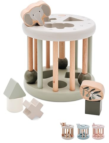 wunderwunsch Personalisiertes Formen-Sortier-Rad aus Holz - Montessori Würfel - Baby Motorikspielzeug ab 1 Jahr - Kinderspielzeug Motorik Lernen (Olive, ohne Name)
