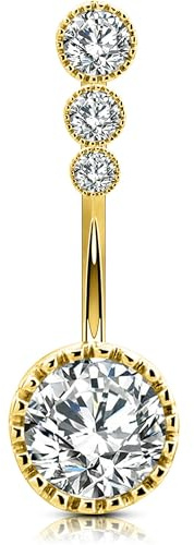 OUFER Piercing Nombril en Acier Inoxydable 316L 14G Or Long Anneau de Nombril Trois Transparent Zircones Cubiques Bijoux de Piercing Chirurgical Incurvé pour Femme 12 mm