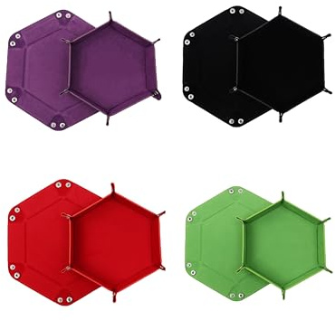 4er Set Würfelteller Hexagon – Faltbare Würfelmatte aus PU-Leder & Samt – Dice Tray/Würfelunterlage für DND, RPG, 4 Farben, tragbar (Schwarz, Grün, Rot, Lila)
