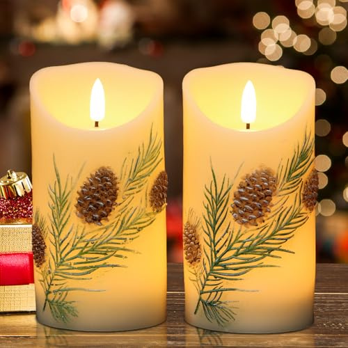 Eldnacele Flammenlose Weihnachtskerzen mit 6-Stunden-Timer, batteriebetrieben, handbemalt, Tannenzapfen, Echtwachs, 3D-Docht, flackernde LED-Stumpenkerzen für Abendessen, Innenbereich, Urlaub