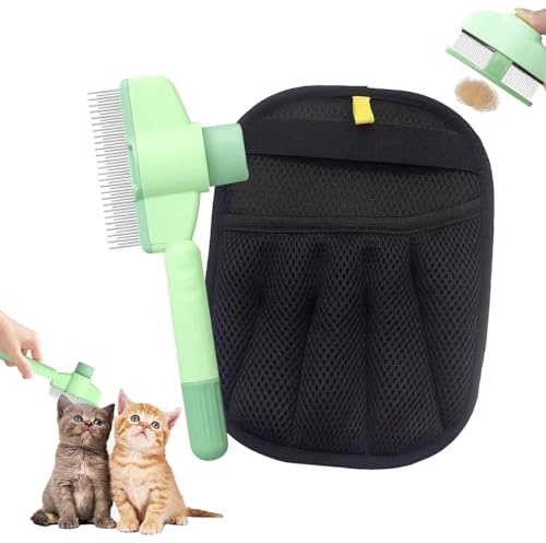 Fellmagnet & katzenbürste Set,fellblitz bürste katze mit Langen und Kurzen Edelstahlmetallzähnen und Entriegelungsknopf, 2024 Upgrade tierhaarentferner handschuh für für Hunde & Katzen