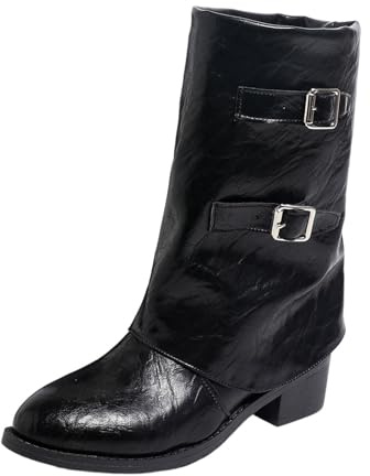 Generisch Botines para mujer con hebillas, botas occidentales, tacón de bloque, botas de invierno, botas cálidas, botines de otoño, botines cortos, botas de entretiempo, Negro , 41 EU