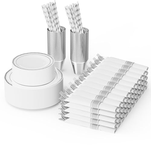 Bonnlo 400 Pieces Reusable Dinnerware Set 50 Guests,Elegant Plastic Plates for Party Wedding, 50 Pre Rolled Napkins with Silverware, 50 Dinner Plates, 50 Dessert Plates, 50 Cups, 50 Straws (silver)