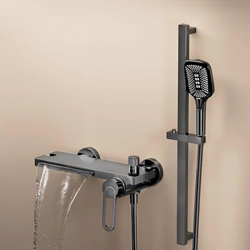 Grifos de baño montados en la pared con mezclador de ducha, grifo de cascada de 4 modos, color gris pistola, un solo mango, grifo mezclador moderno para una experiencia de ducha lujosa