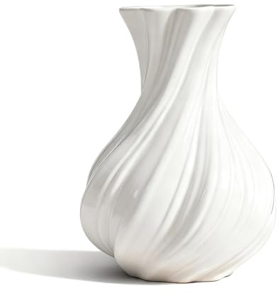 Blumenvase Keramik Weiß, Moderne Vasen Deko, Kleine Tischvase Weiß 17 cm für Blumensträuße, Getrocknete und Frische Blumen, Wohnzimmer Esstisch Bauernhaus Büro Tischdeko (Stil B)