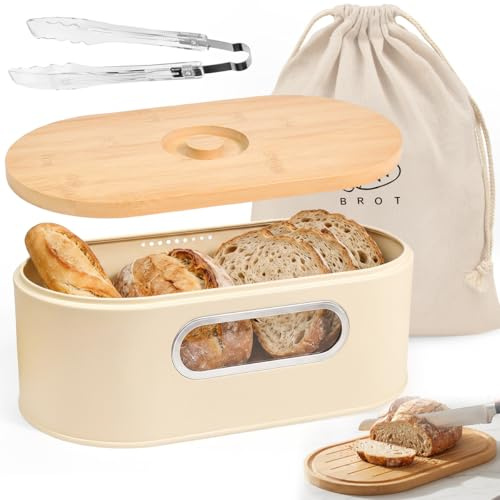 Linzerry Brotkasten Metall Brotkästen Großer Kapazität Bambusdeckel Brotbox mit Brotbeutel & Brotklammer Bread Box Ansichtsfenster Weiß brotaufbewahrung Brot Aufbewahren für noch länger frisches Brot