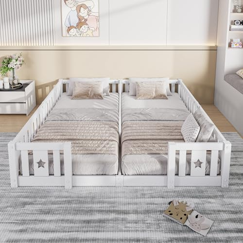 JYNVO Montessori Cama Infantil para Suelo de 180 x 200 cm, 2 Camas Individuales, 90x200 cm, de Madera Maciza de Pino con barreras de Seguridad anticaída, Color Blanco
