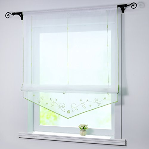 Joyswahl Raffrollo Voile Transparentes Bändchenrollo Lisa 120x140cm Grün | Tunnelzug, Stickerei Gardine, 1er Pack, Transparent, Bändchenrollo landhaus, Fensterrollo innen, Stangendurchzug, modern
