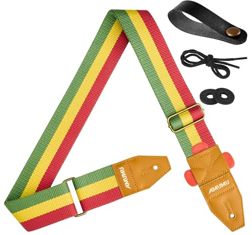 Amumu Sangle de guitare Reggae Jamaica Rasta pour guitares acoustiques, électriques et basses avec blocs de sangle et attache de sangle de tête, Reggae, 5